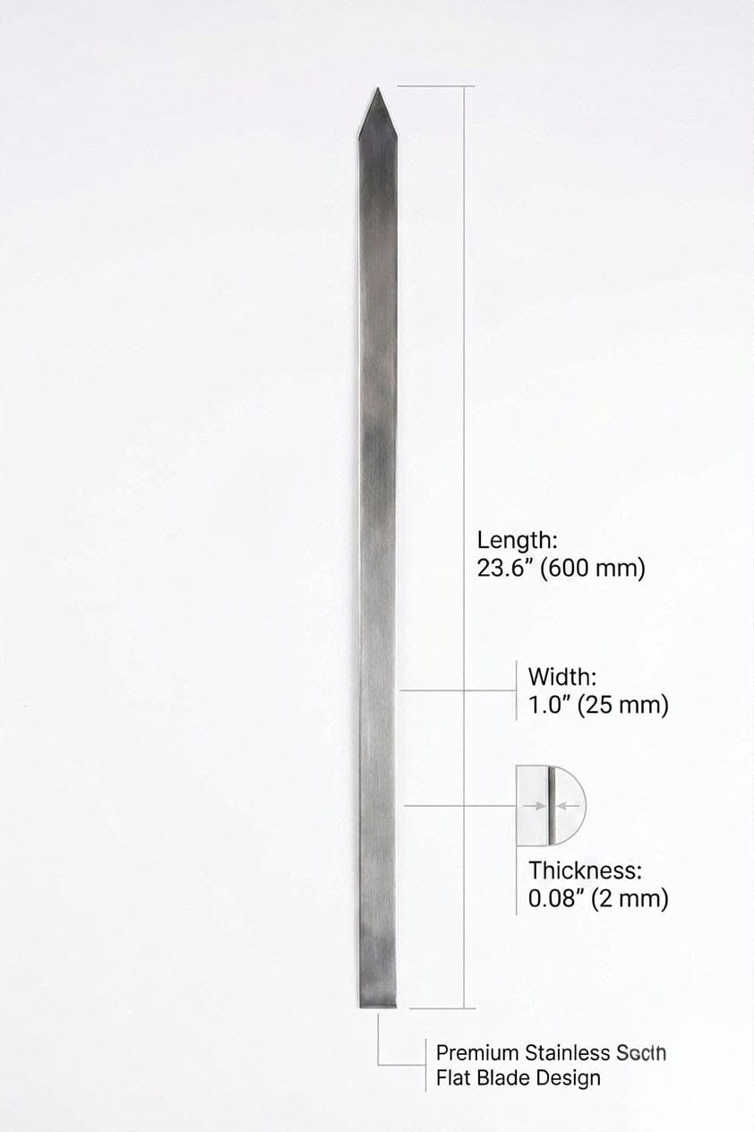 Arta Persian kabab skewer with dimensions labeled — 600mm long, 25mm wide, 2mm thick