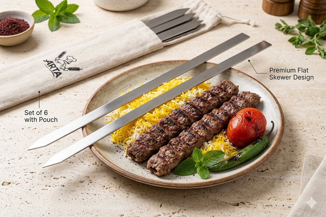 Plated Koubideh kabab on saffron rice with the Arta canvas pouch in the background