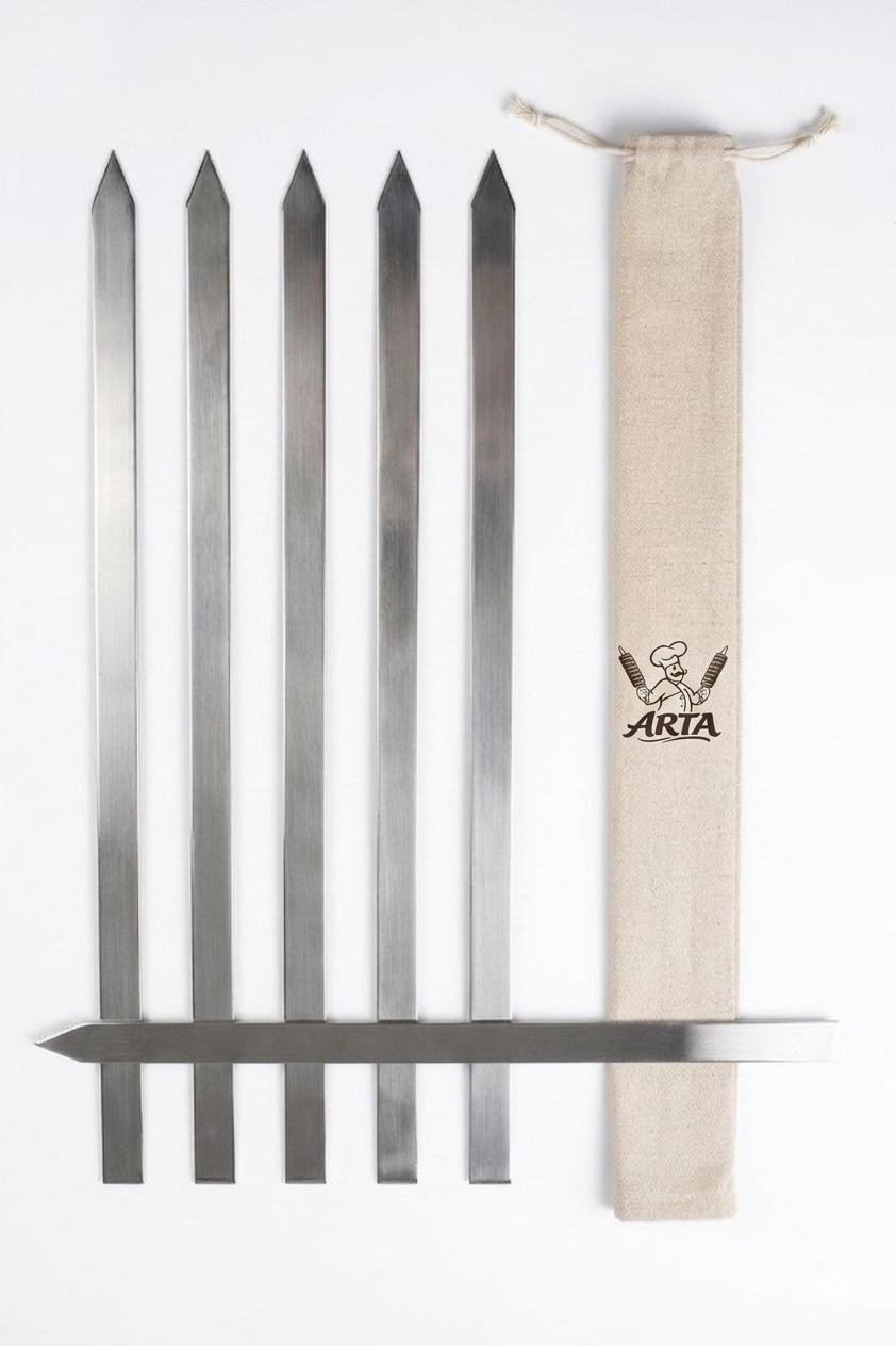 A set of six Arta Persian kabab skewers laid out with the canvas pouch