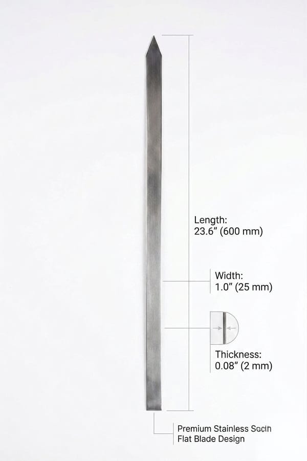 Arta Persian kabab skewer with dimensions labeled — 600mm long, 25mm wide, 2mm thick