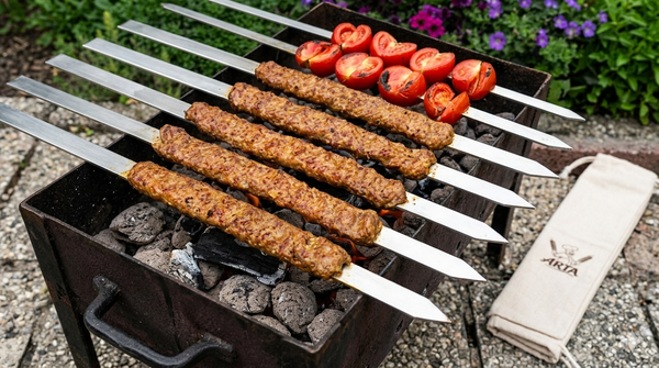 Persian Koubideh kababs grilled on Arta flat skewers over charcoal with grilled tomatoes