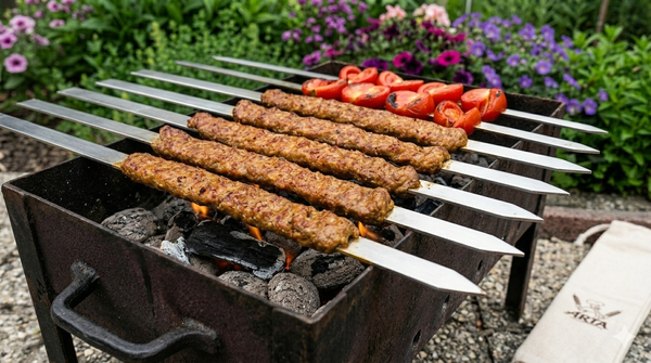 Koubideh kababs grilling over open charcoal flames on Arta skewers