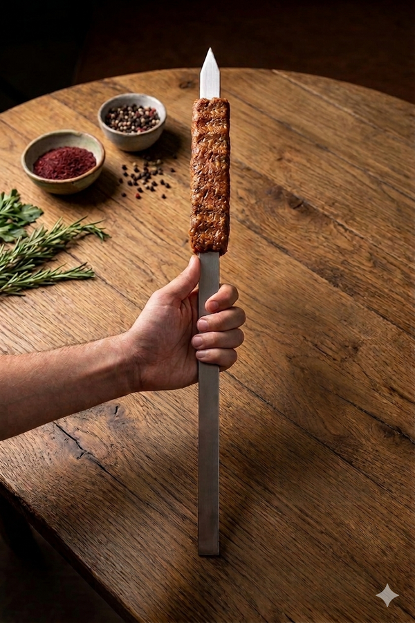 A single Koubideh kabab held on an Arta skewer over a rustic wood table with rosemary and sumac